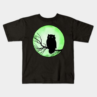 Scary Vintage Owl and Acid Green Watercolor Moon Kids T-Shirt